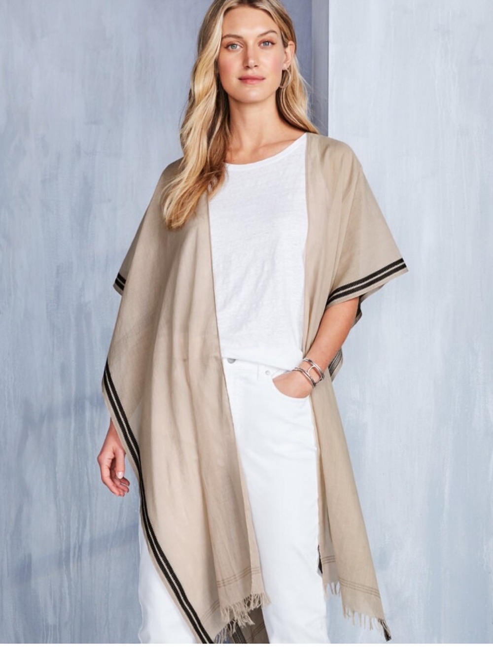 Eileen Fisher Beige Sheer Fringe Wrap poncho